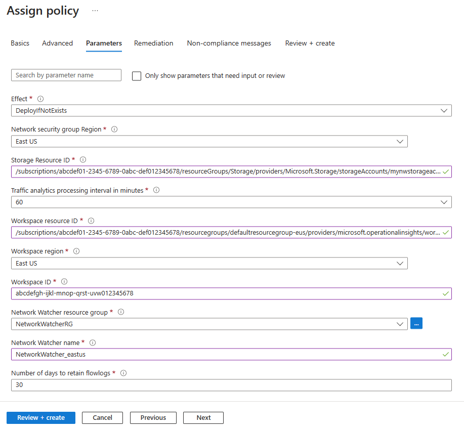 Screenshot: Parameter-Registerkarte, die eine Bereitstellungsrichtlinie im Azure-Portal zuweist.
