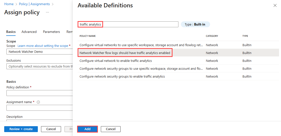 Screenshot: Auswählen der Überwachungsrichtlinie im Azure-Portal.