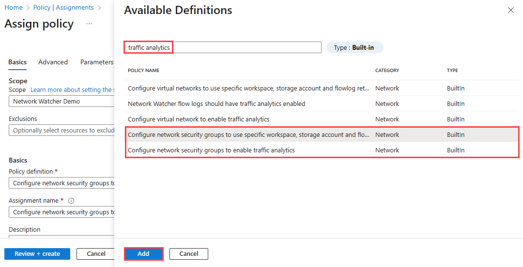 Screenshot: Auswählen einer deployIfNotExists-Richtlinie im Azure-Portal.
