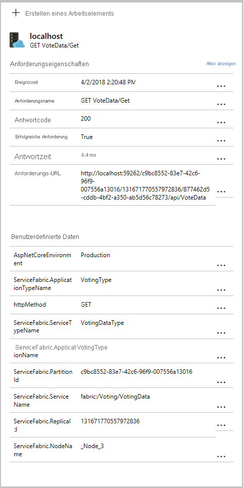 Screenshot, der weitere Details zeigt, einschließlich der für Service Fabric spezifischen Daten, die im NuGet-Paket „Application Insights“ von Service Fabric erfasst werden.