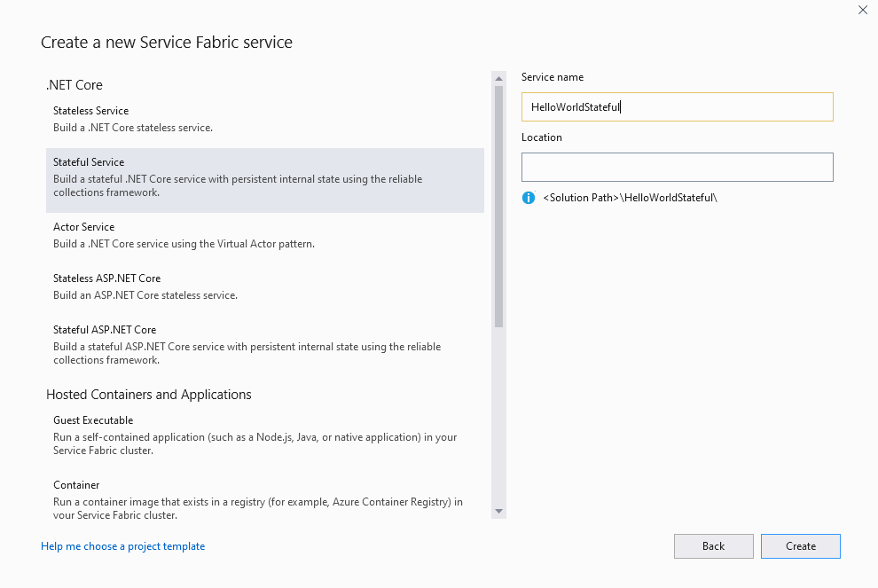 Verwenden Sie das Dialogfeld „Neues Projekt“, um einen zustandsbehafteten Service Fabric-Dienst zu erstellen.