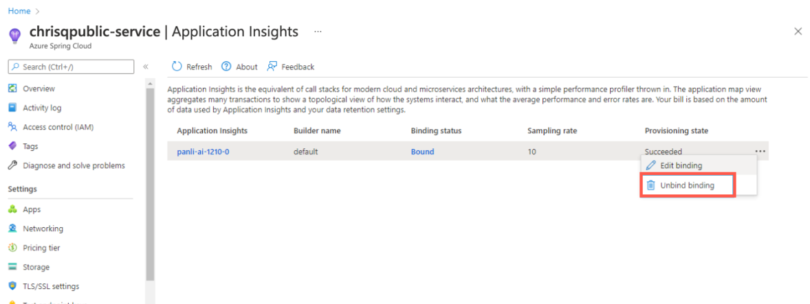 Screenshot des Azure-Portal, der die Azure Spring Apps-Instanz mit der Application Insights-Seite und der Option „Bindung aufheben“ zeigt.