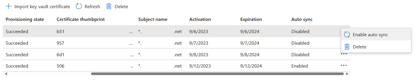 Screenshot des Azure-Portals, in dem eine Zertifikatliste mit dem Schaltflächenmenü mit den Auslassungspunkten geöffnet und die Option
