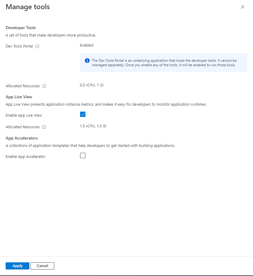 Screenshot: Azure-Portal mit dem Abschnitt „Entwicklertools“ und dem Kontrollkästchen „App-Liveansicht aktivieren“