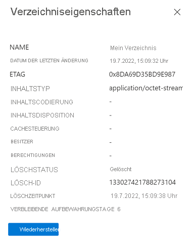 Screenshot mit den Eigenschaften eines vorläufig gelöschten Blobs im Azure-Portal (Konten mit aktiviertem hierarchischem Namespace).