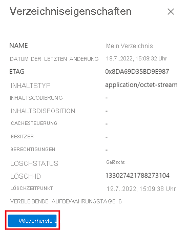 Screenshot, der zeigt, wie ein vorläufig gelöschtes Blob im Azure-Portal wiederhergestellt wird (Konten mit aktiviertem hierarchischen Namespace).