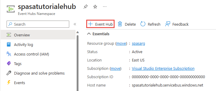 Der Screenshot zeigt die Schaltfläche Event Hub hinzufügen auf der Seite Event Hubs-Namespace.