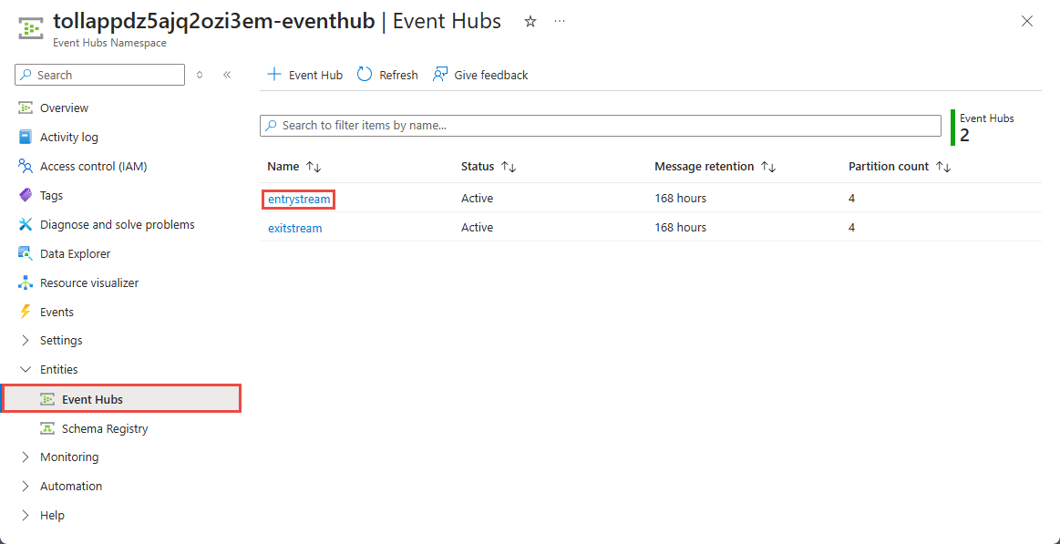 Screenshot: Auswahl des Event Hubs.