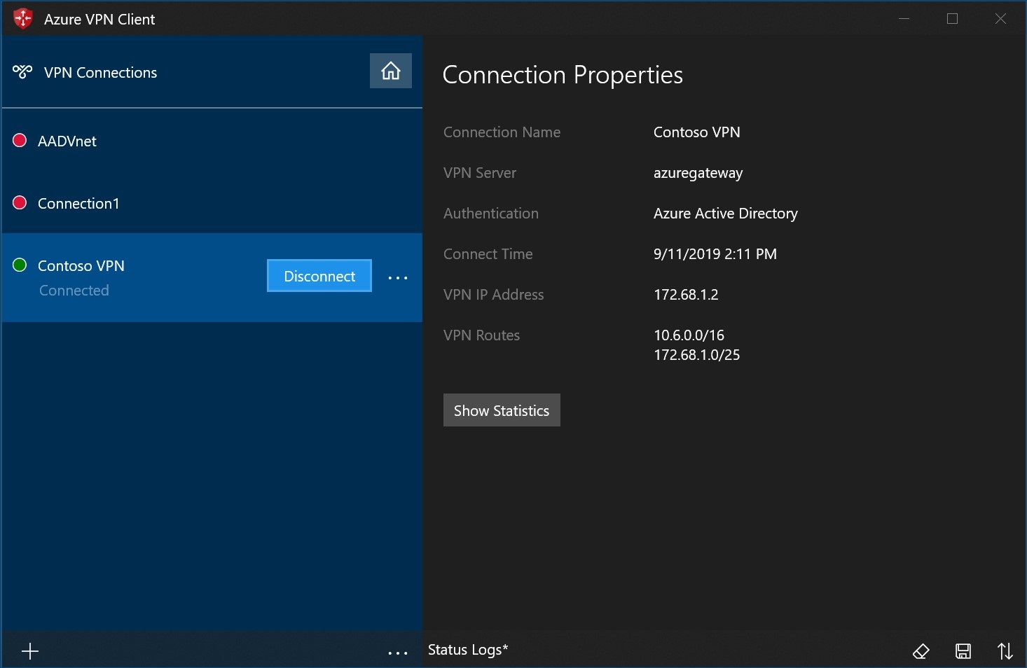 Der Screenshot zeigt die Verbindung mit dem Status „Verbunden“ mit der Option zum Trennen der Verbindung.