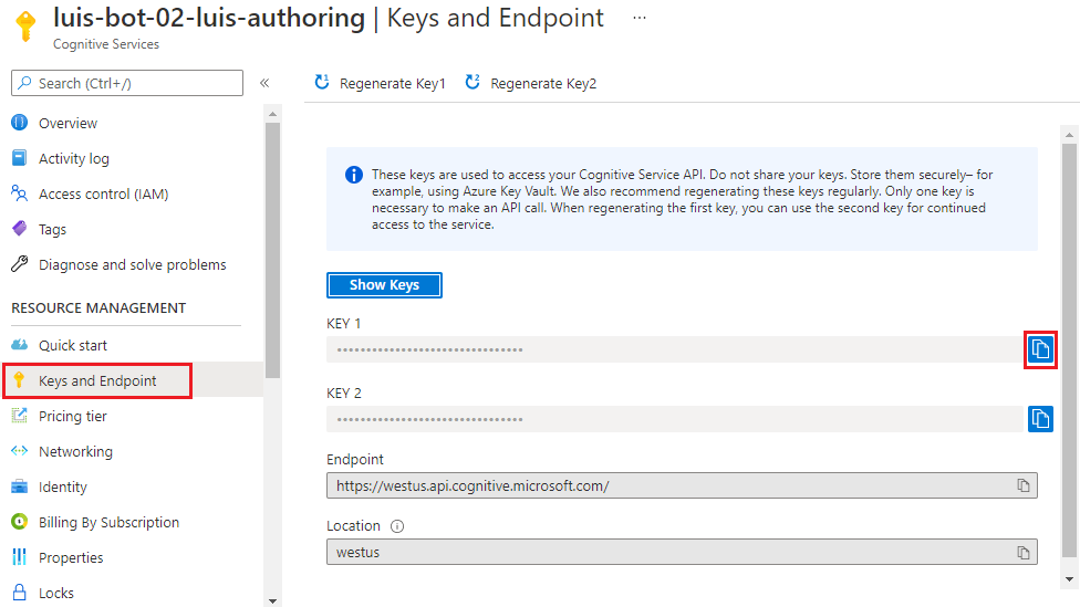 The Azure keys and endpoint page showing were to find your LUIS authoring key