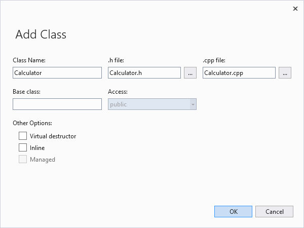 Screenshot des Dialogfelds „Klasse hinzufügen“, bei dem im Textfeld „Klassenname“ der Text „Calculator“ eingegeben ist