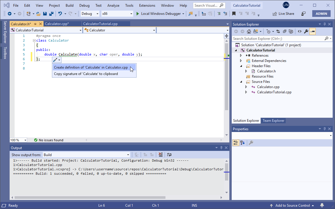 Screenshot von Visual Studio mit einem Dropdownmenü mit QuickInfo, in dem die Option „Definition von ‚Calculate‘ in ‚Calculator.cpp‘ erstellen“ hervorgehoben ist