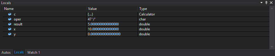 Screenshot des Fensters „Lokale Variablen“ mit den Werten der lokalen Variablen der Funktion