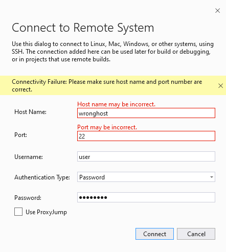 Screenshot des Visual Studio-Fensters „Mit Remotesystem verbinden“. Die Felder „Hostname“ und „Port“ sind rot umrandet, um falsche Einträge anzuzeigen.
