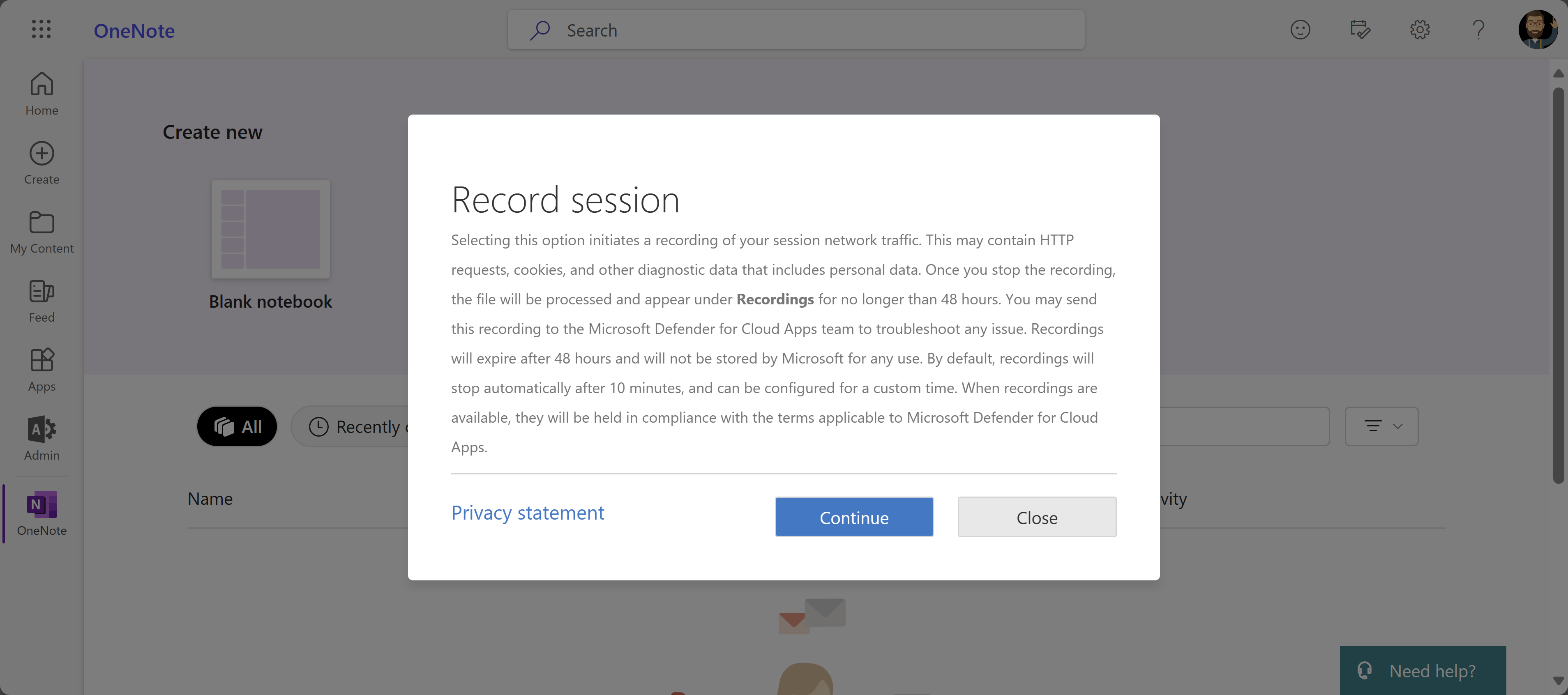 Screenshot des Dialogs mit der Datenschutzerklärung für Sitzungsaufzeichnungen.