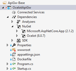 Screenshot of Solution Explorer showing Ocelot API gateway project.