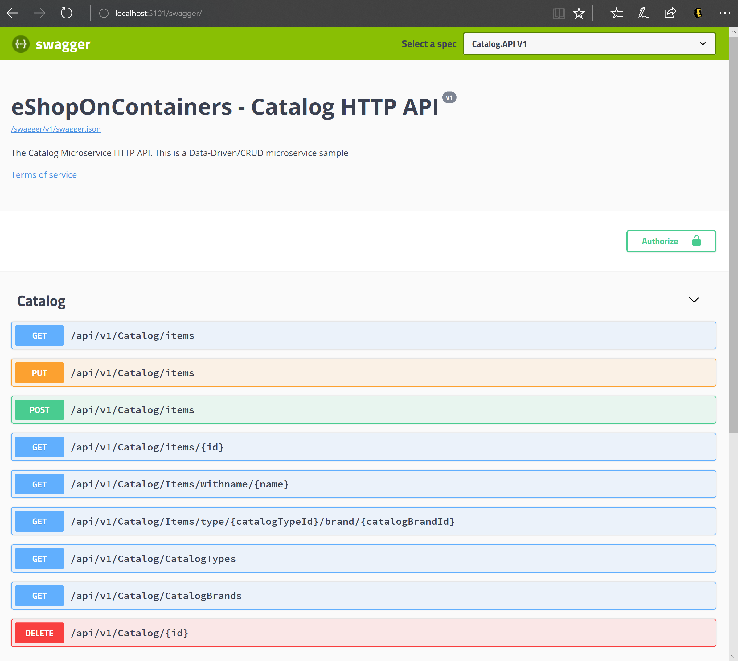 Screenshot of Swagger UI showing the Catalog.API REST API.