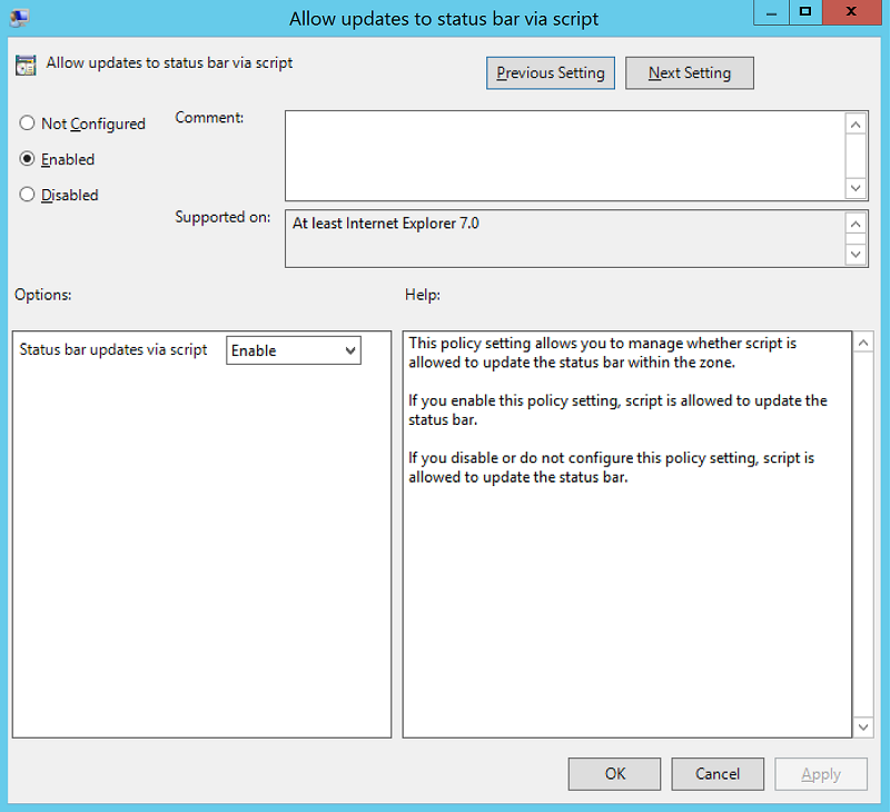 Screenshot that shows the Allow updates to status bar via script window with the policy setting enabled.