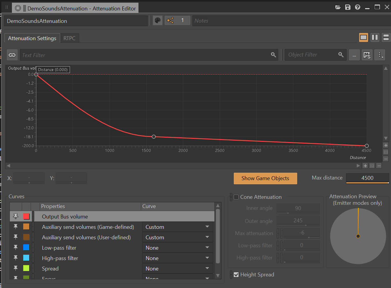 Screenshot of Wwise attenuation curves