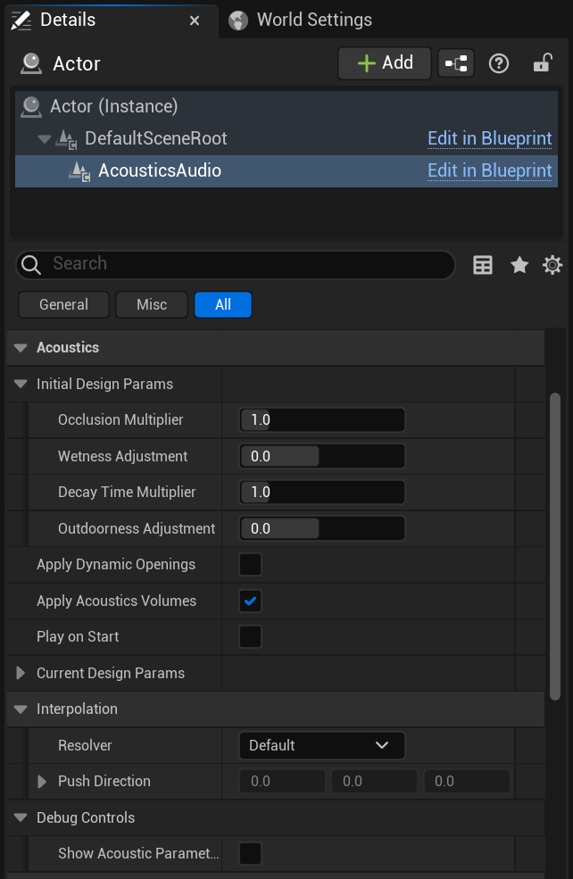 The Unreal Editor acoustics design controls