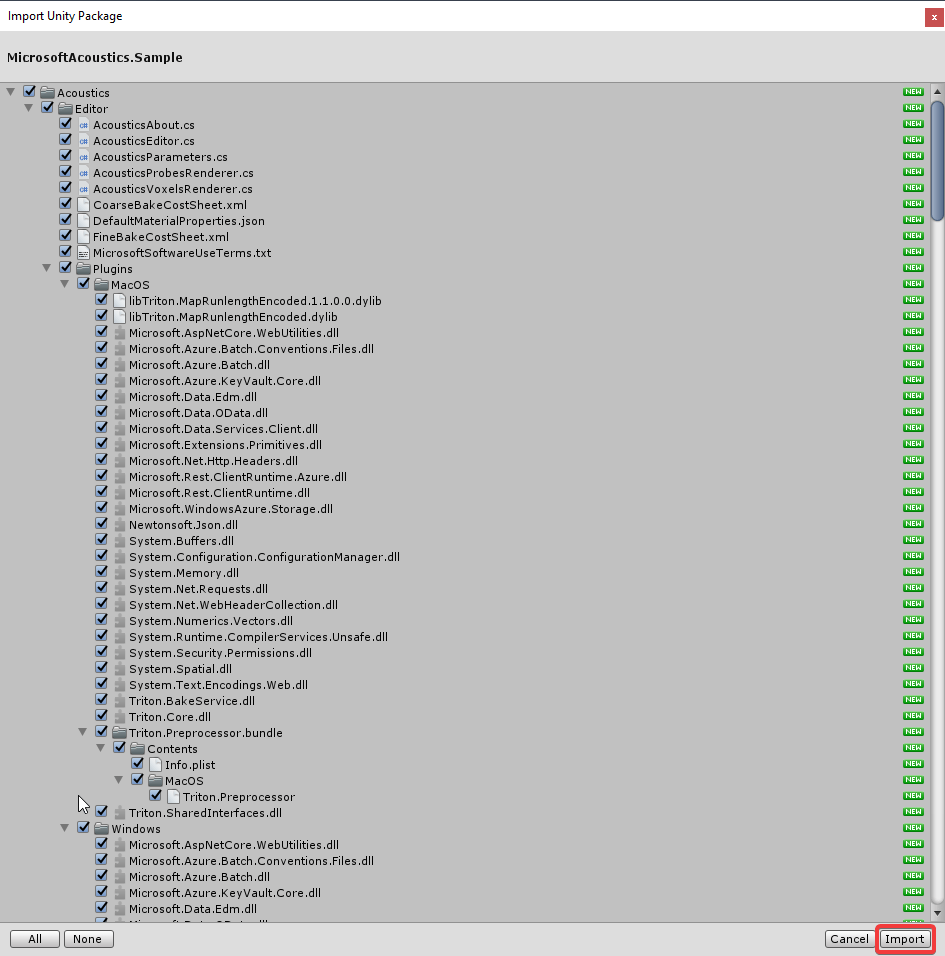 The Unity Import Package dialog box