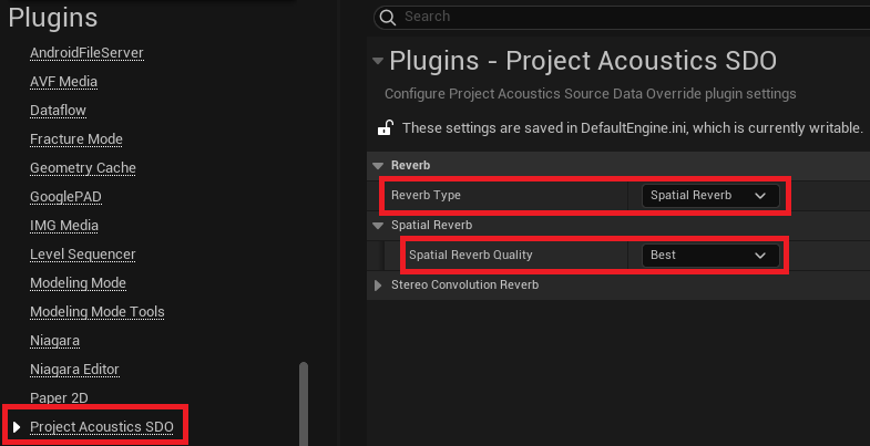 Spatial Reverb Project Settings