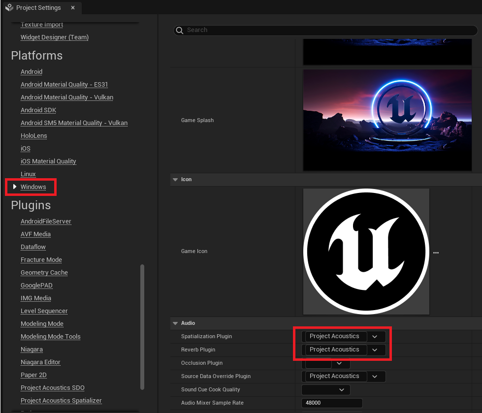 Project Acoustics Spatializer plugin selection