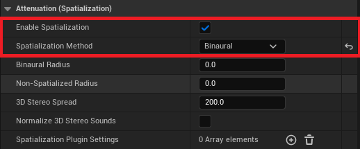 Attenuation settings for spatialization