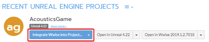 The Wwise Launcher shows the Acoustics Game Unreal project with the Integrate option highlighted.