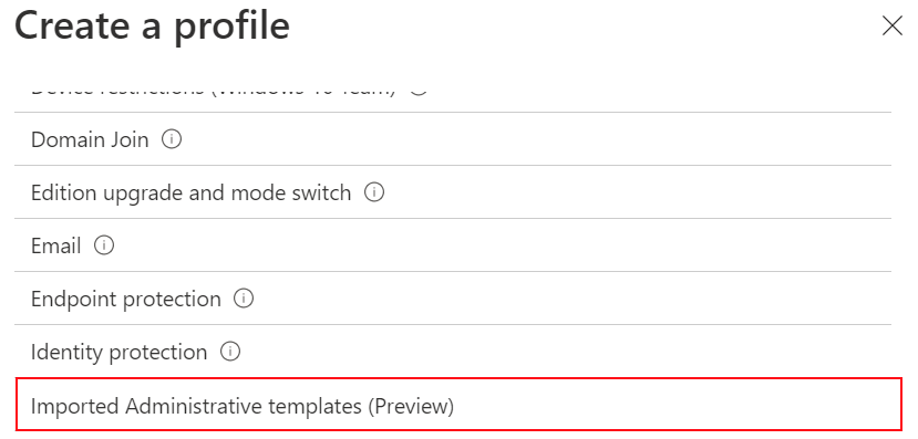 Screenshot: Auswählen importierter administrativer Vorlagen zum Erstellen eines Gerätekonfigurationsprofils mithilfe der importierten ADMX-Einstellungen in Microsoft Intune und Intune Admin Center