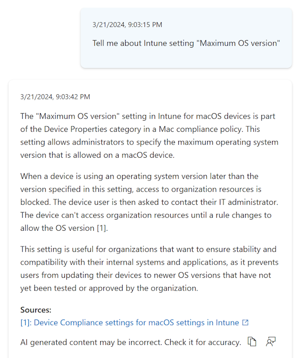 Screenshot, der weitere Informationen zu einer Einstellung zeigt, wenn Sie die Copilot-QuickInfo in einer Konformitätsrichtlinie im Microsoft Intune Admin Center auswählen.