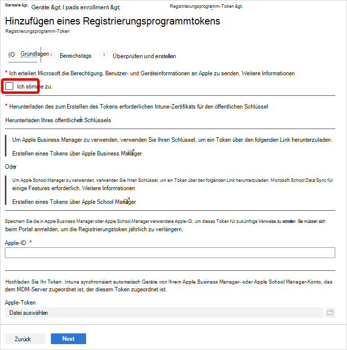 Screenshot, der den Bildschirm „Token für Registrierungsprogramm hinzufügen“ anzeigt