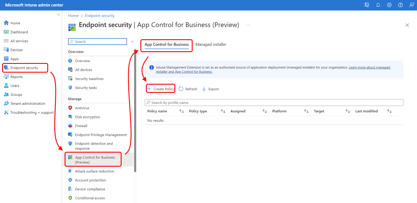 Screenshot: Pfad zum Erstellen einer neuen App Control for Business-Richtlinie im Admin Center