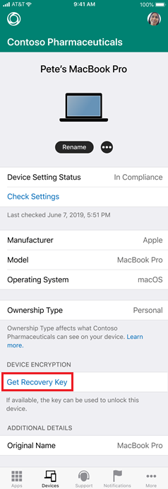 Screenshot: Unternehmensportal-App für iOS mit Wiederherstellungsschlüssel