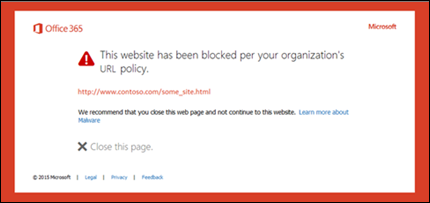 Die ursprüngliche Warnung, die besagt, dass die Website gemäß der URL-Richtlinie Ihrer Organisation blockiert wurde.