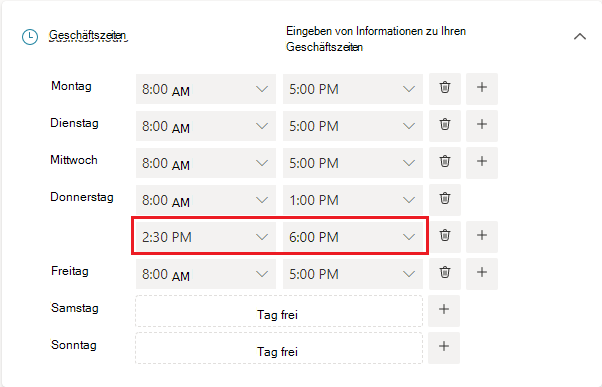 Abbildung der Benutzeroberfläche für Geschäftszeiten mit hinzugefügten Stunden.