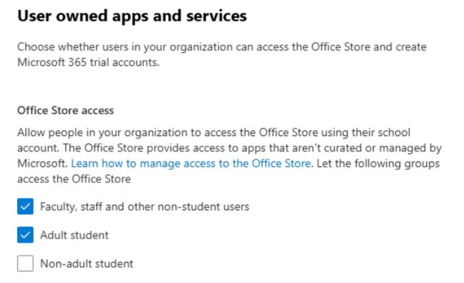 Zulassen, dass Benutzer auf Office Store-Einstellungen für EDU zugreifen können