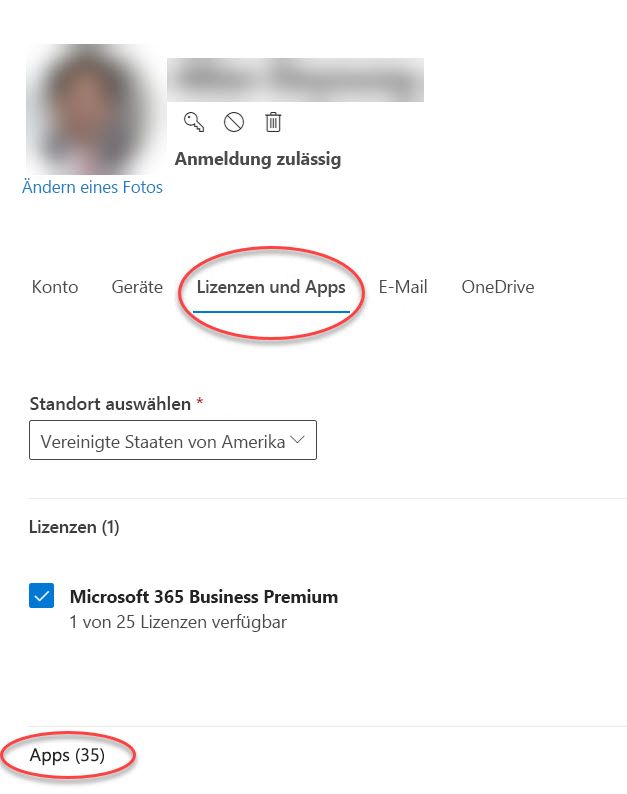 Formular „Kontooptionen“ in Microsoft 365 Admin Center