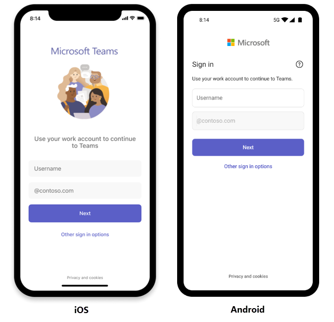 Screenshot des Anmeldebildschirms mit dem vorab ausgefüllten Domänennamen in Teams für iOS und Android.