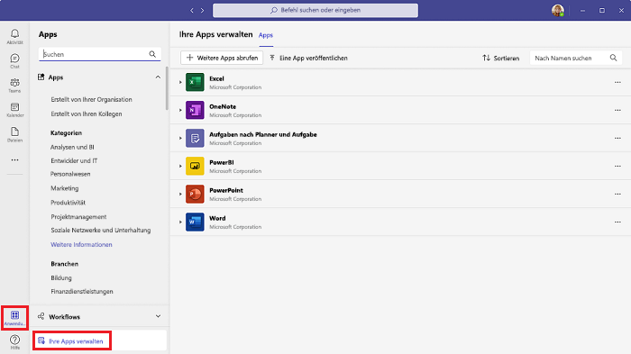 Screenshot: Liste der installierten Apps, die angezeigt wird, wenn Sie Ihre Apps verwalten auswählen.