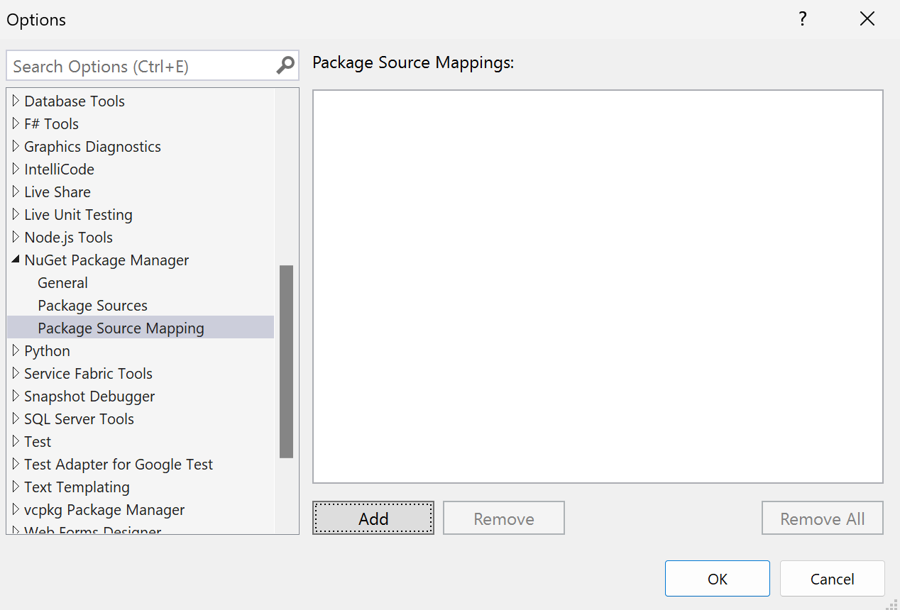 Der Visual Studio Package Source Mappings Options Dialog zeigt keine „Paketquellen-Zuordnungen, mit einer Schaltfläche Hinzufügen, um eine neue Zuordnung zu erstellen.