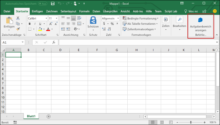 Das Excel Startmenü mit hervorgehobener Schaltfläche Aufgabenbereich anzeigen.