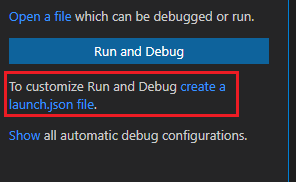 Der Link unter der Option Ausführen und Debuggen, um eine launch.json-Datei in Visual Studio Code zu erstellen.