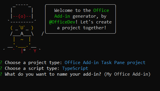 Die Yo Office-Benutzeroberfläche, nachdem der Benutzer TypeScript für die vorherige Frage ausgewählt hat. Es wird die Aufforderung zur Eingabe des Add-In-Namens im Yeoman-Generator angezeigt.