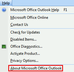 Screenshot, der die Option „Info zu Microsoft Office Outlook“ zeigt, die auf der Registerkarte „Hilfe“ ausgewählt wurde.