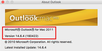 Screenshot des Fensters „Über Outlook“ in Outlook für Mac 2011.