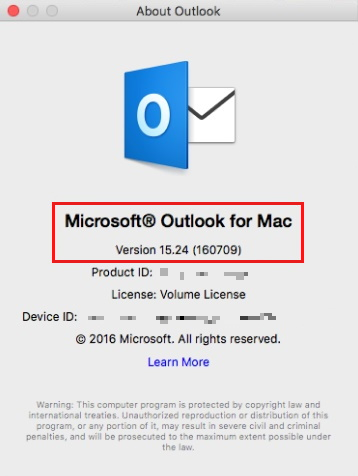 Screenshot des Fensters „Über Outlook“ in Outlook 2016 für Mac.