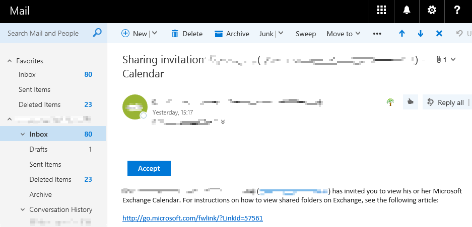 Screenshot des OWA Shared Calendar-Einladungsfensters.