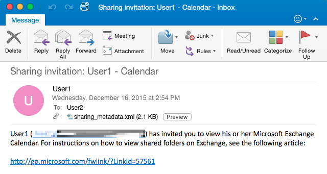 Screenshot, der die Freigabeeinladung in Outlook 2016 für Mac zeigt.