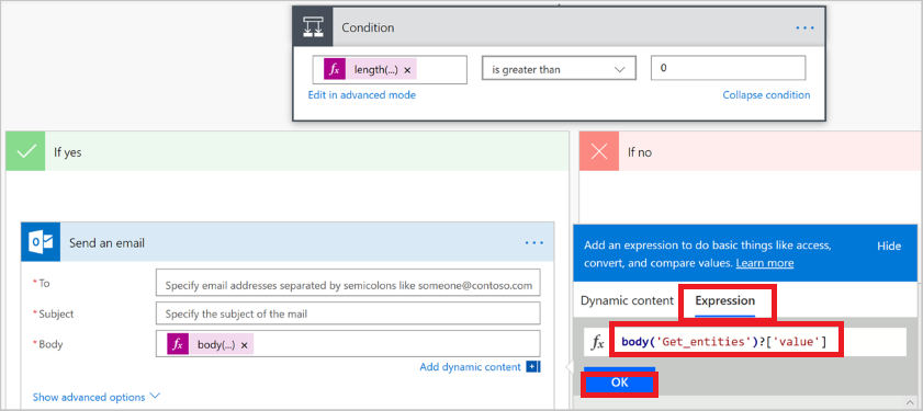 Option „Office 365 Outlook“ für „Wenn ja“ im Fenster „Bedingung“